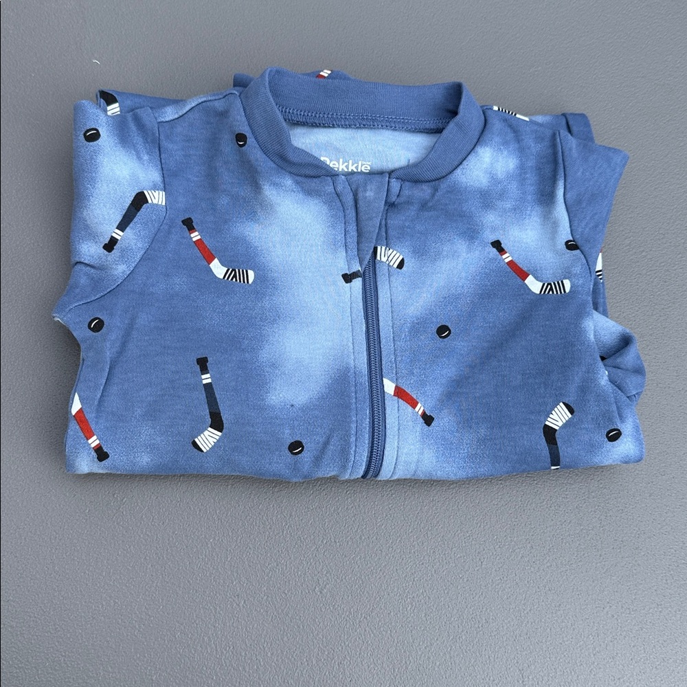 🍄9m PEKKLE Sz PJs, Blue Kids 1pc with Fun hockey Pattern organic cotton NWOT